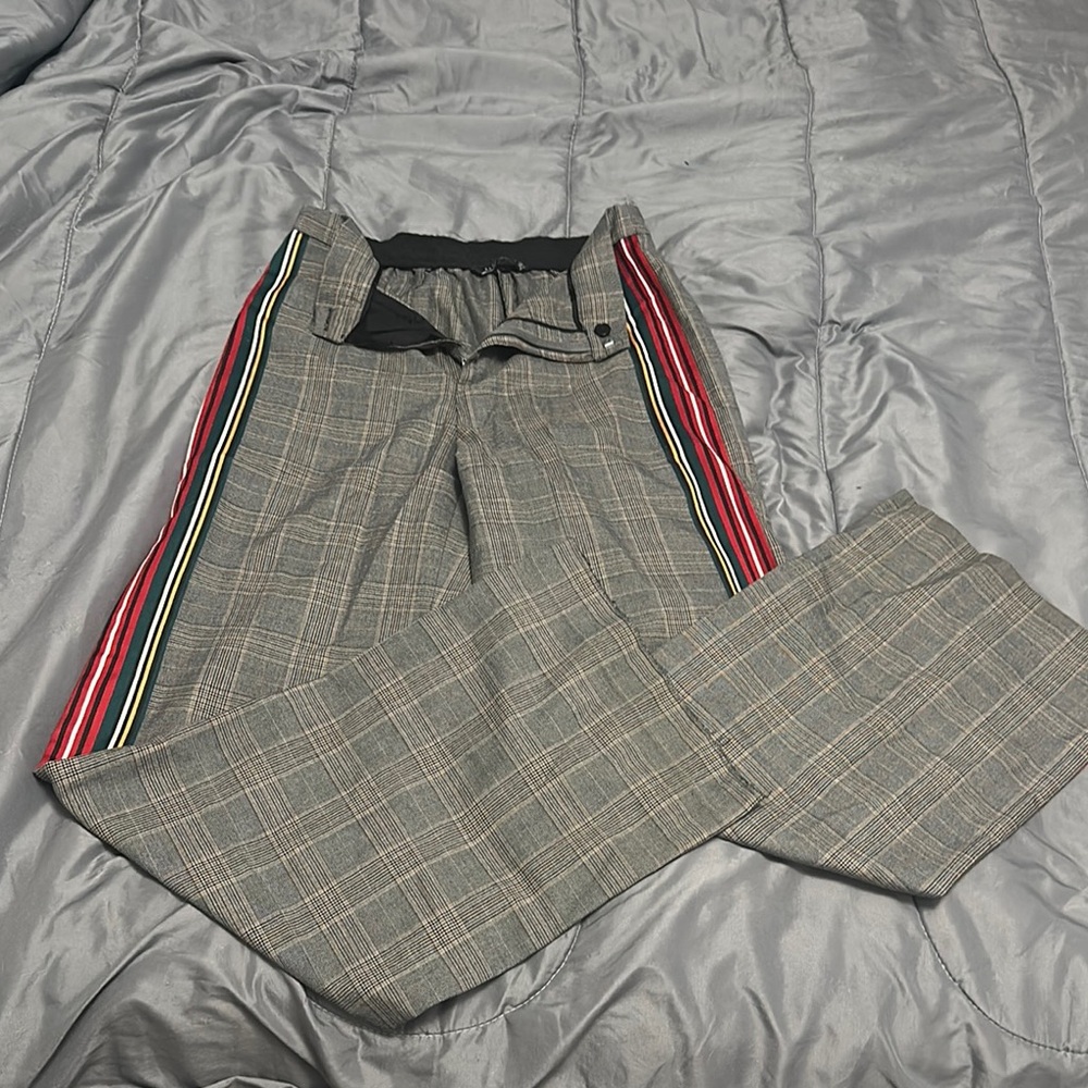 Zara Gray Plaid Women’s Pants with Red and Yellow Stripes